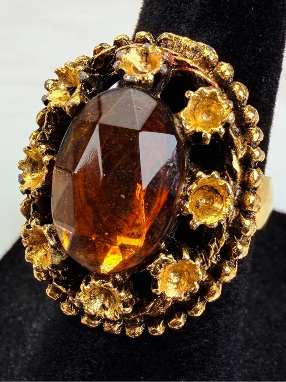 Vintage goldtone, colored bling size 6 adjustable statement ring